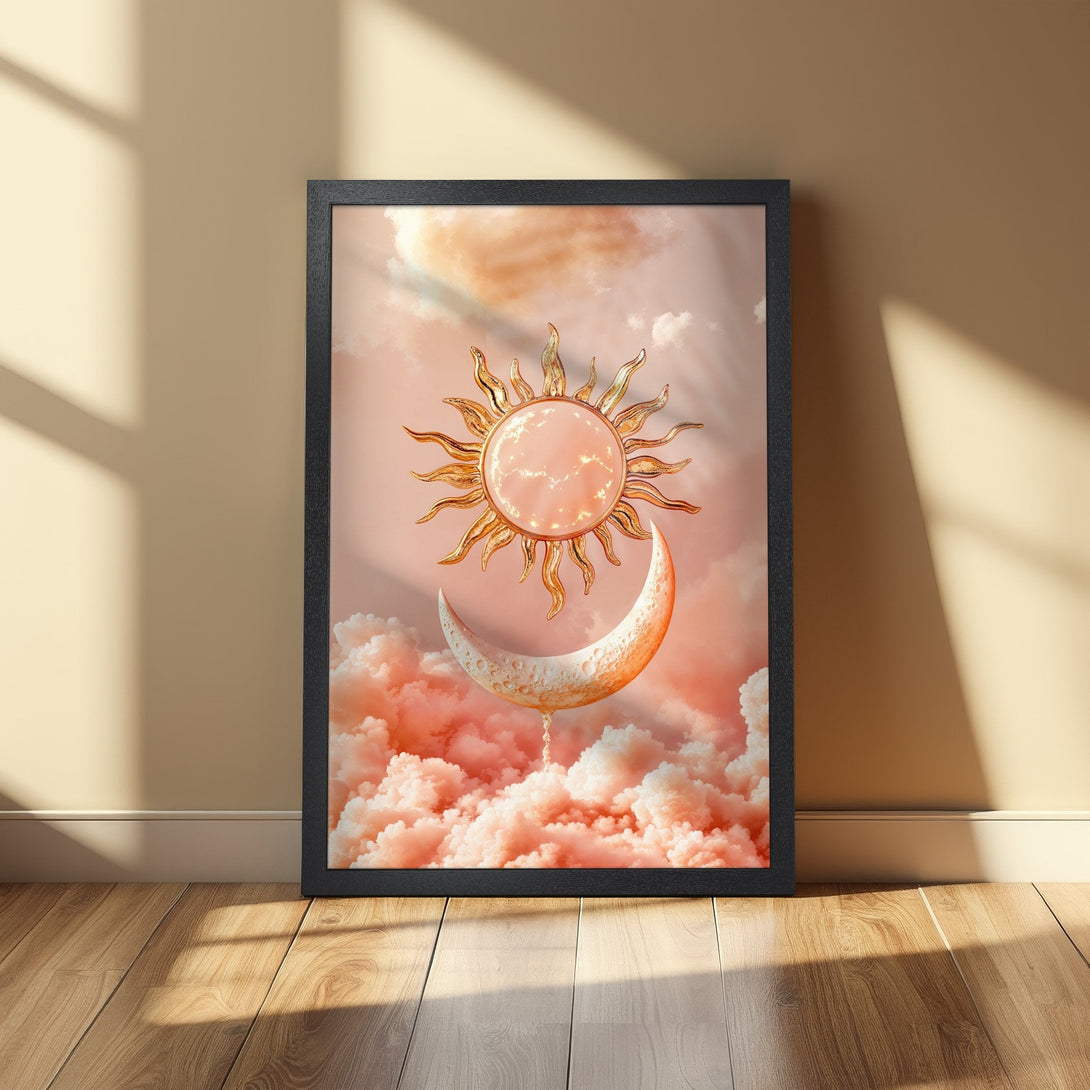 Framed Poster featuring a celestial sun and moon design in a dreamy, pastel peach color palette. Perfect wall art!