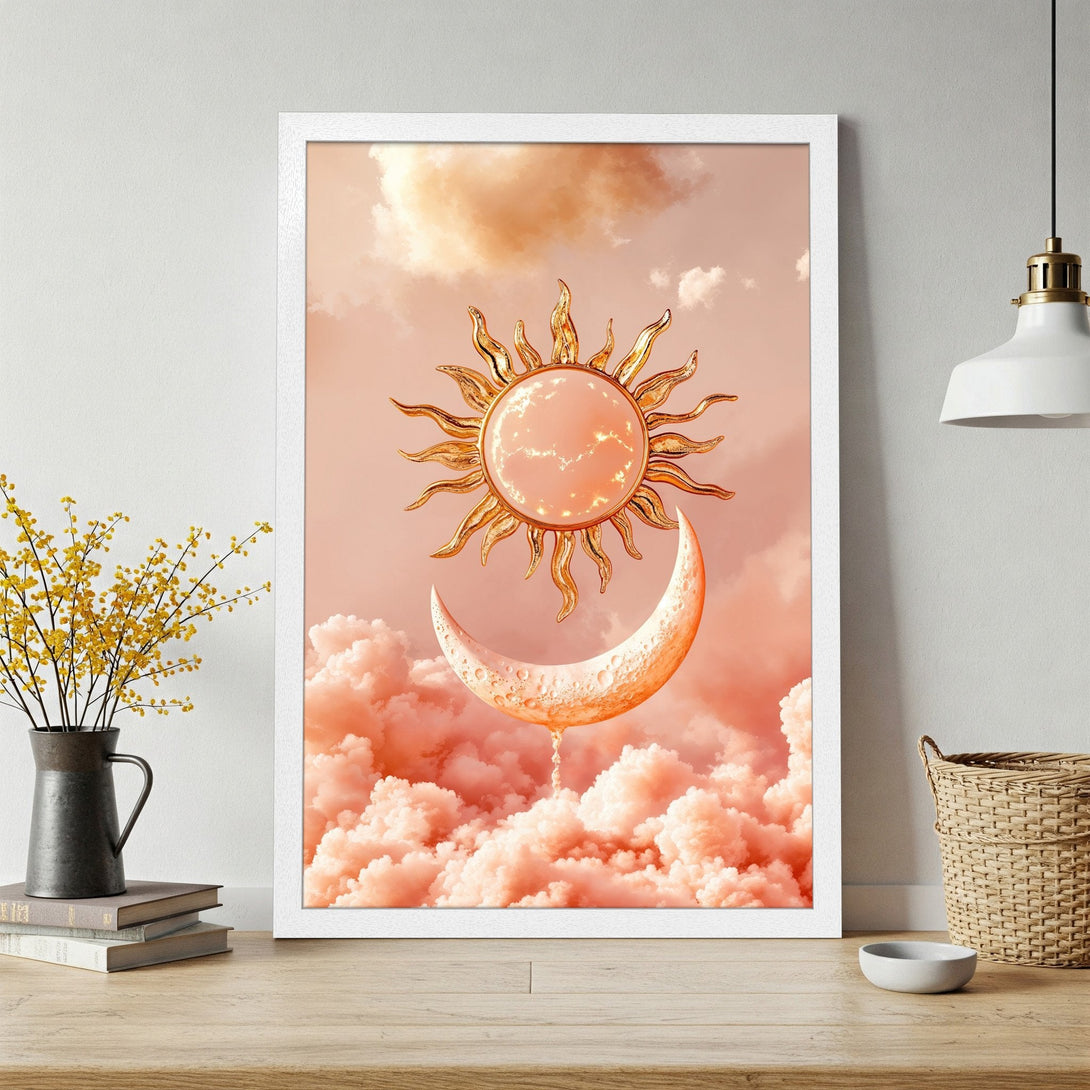 Framed Poster featuring a celestial sun and moon design in a dreamy, surreal style with a warm peach color palette. Perfect wall art!