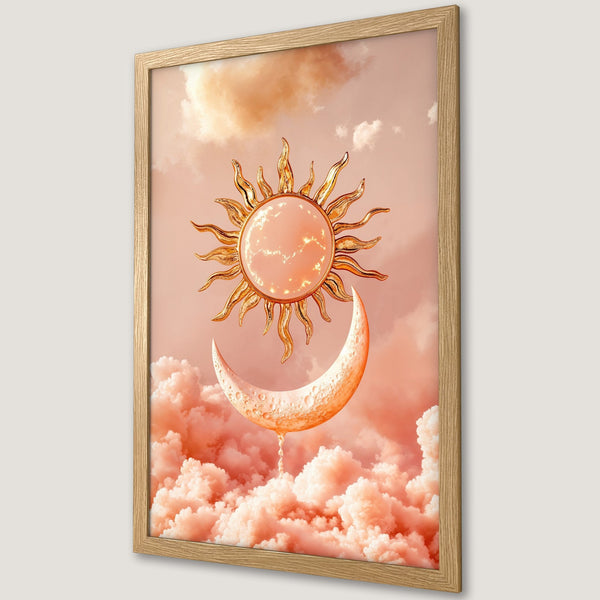 Framed Poster featuring a celestial sun & moon design in a dreamy, surreal style with a warm peach color palette. Perfect wall art!