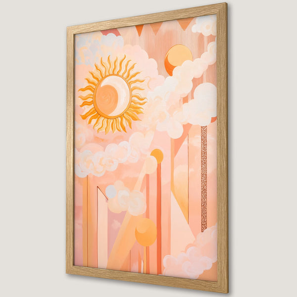Framed Poster with a sun and clouds design in a warm peach and orange color palette. Modern art style, perfect wall decor.