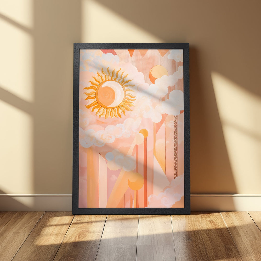 Framed Poster featuring a celestial sun design in a warm peach and orange color palette. Perfect wall art for a boho aesthetic.