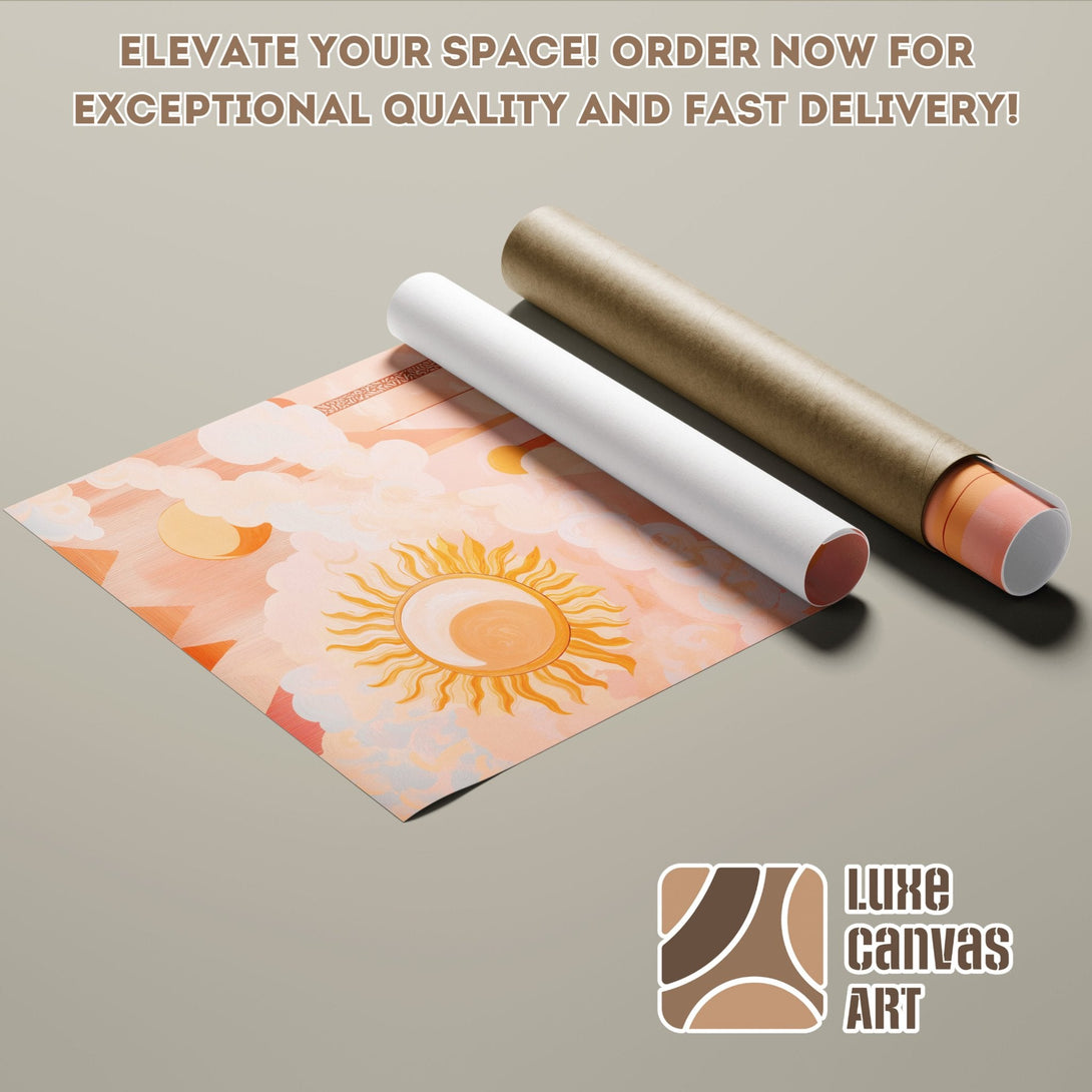 Poster Roll featuring a sun and cloud design in a warm, pastel color palette. Elevate your space with this art print!