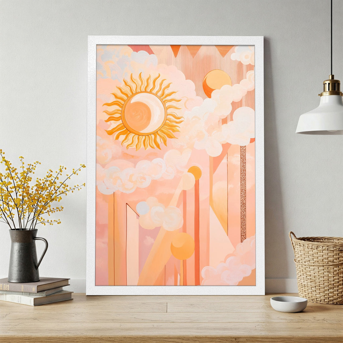 Framed Poster featuring a sun and clouds in a dreamy, abstract style with a warm peach and orange color palette. Perfect wall art!