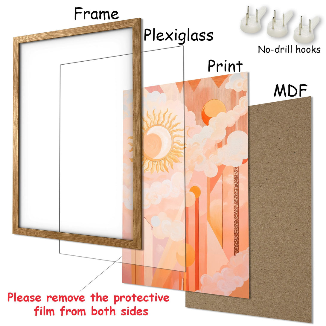 Framed Poster featuring a sun and clouds, with an abstract style and warm orange color palette. Perfect wall art!