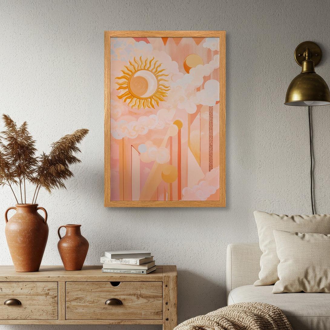 Framed Poster featuring a sun and cloud design in warm peach and orange tones. Perfect art for a modern, bohemian home.