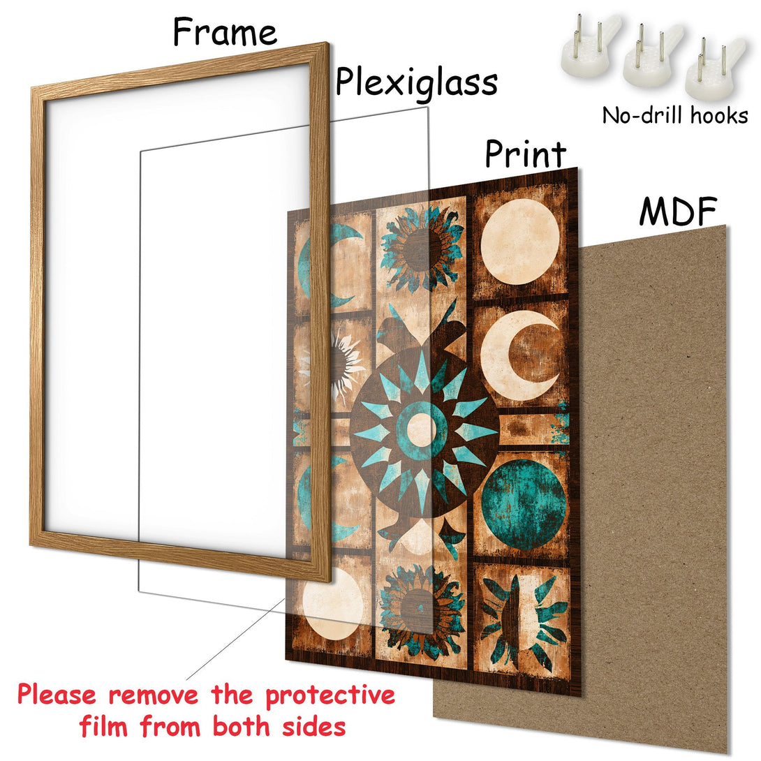 Framed Poster with boho style art. Earthy tones with turquoise accents. Perfect wall decor for your home.