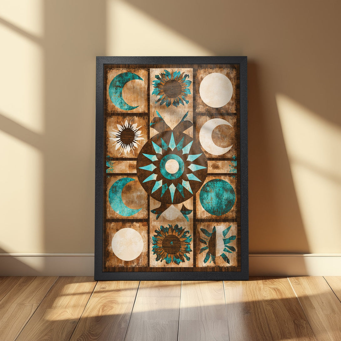 Framed Poster featuring celestial design in teal and brown tones. Perfect wall art for any room!