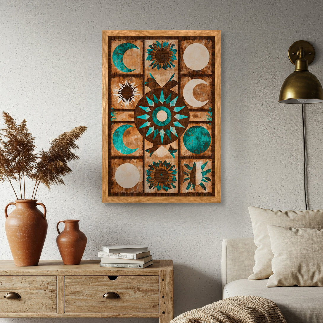 Framed Poster featuring a celestial design in teal and brown tones. Perfect wall art for boho decor. Shop this unique Poster today!