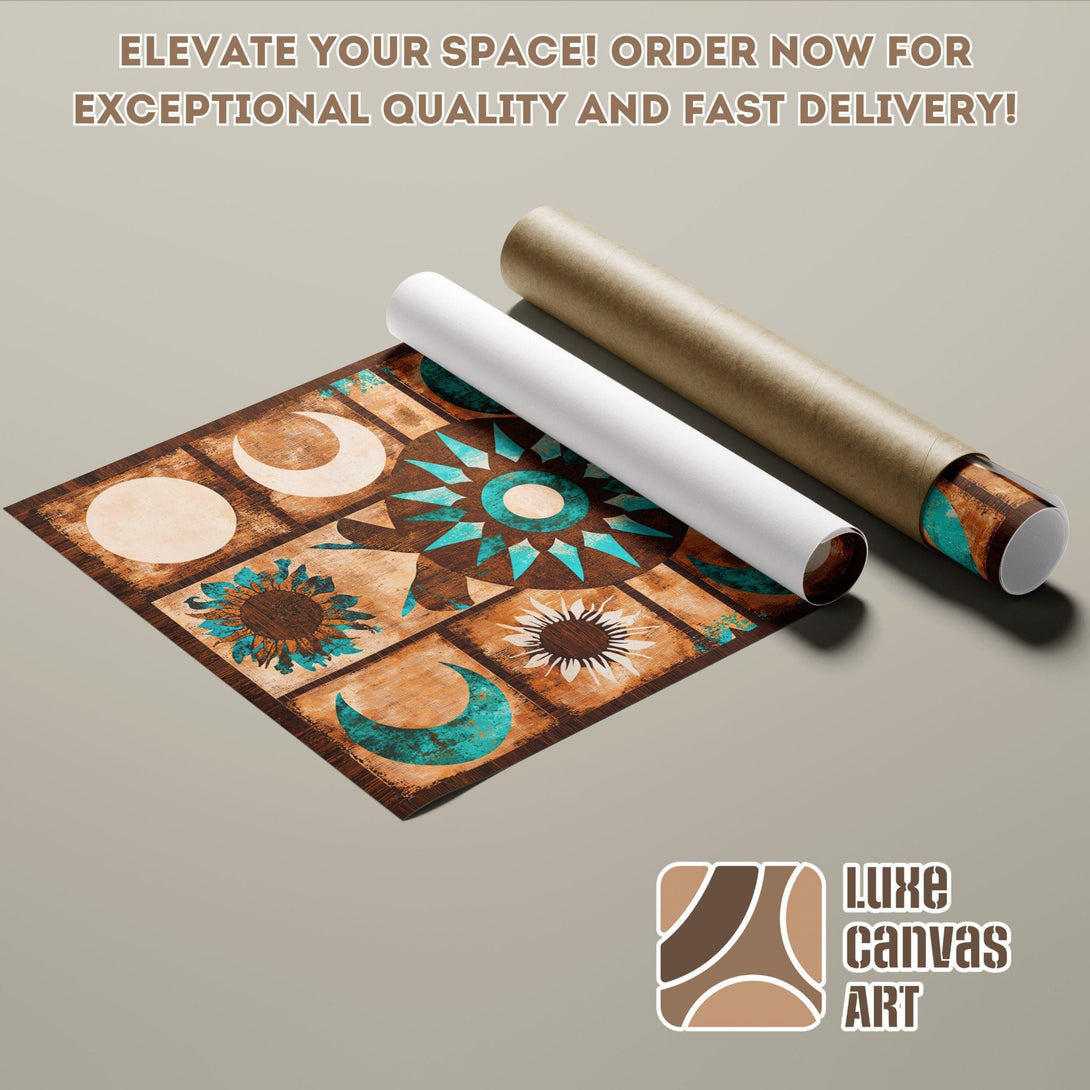 Poster Roll featuring a boho-style design with sun, moon, and turquoise accents. Earthy tones create a warm, inviting aesthetic.