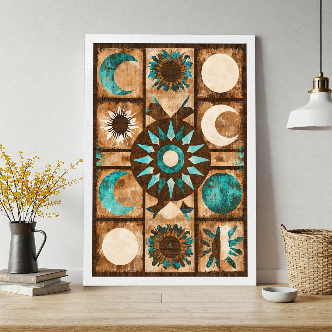 Framed Poster featuring a celestial design with moons, suns, and stars. Earthy tones with teal accents. Perfect wall art for any space!