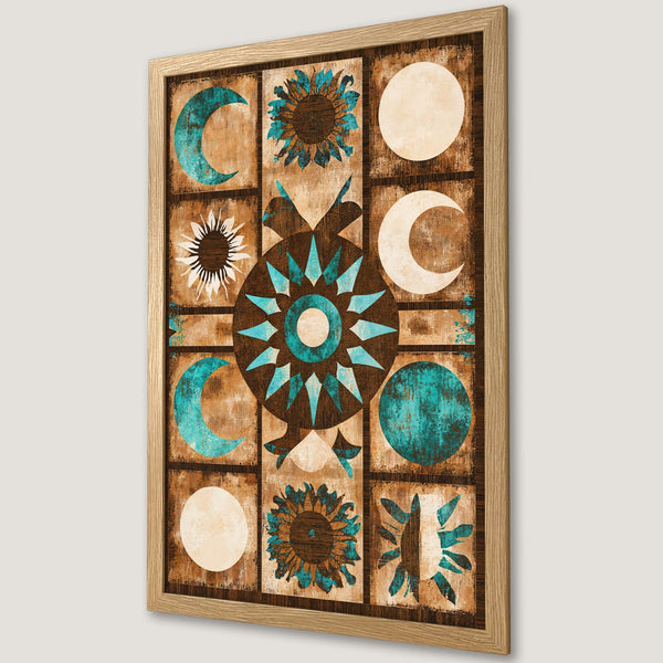 Framed Poster featuring a geometric design with suns, moons, and celestial elements in a rustic, boho style. Earthy brown, turquoise, and cream color palette.