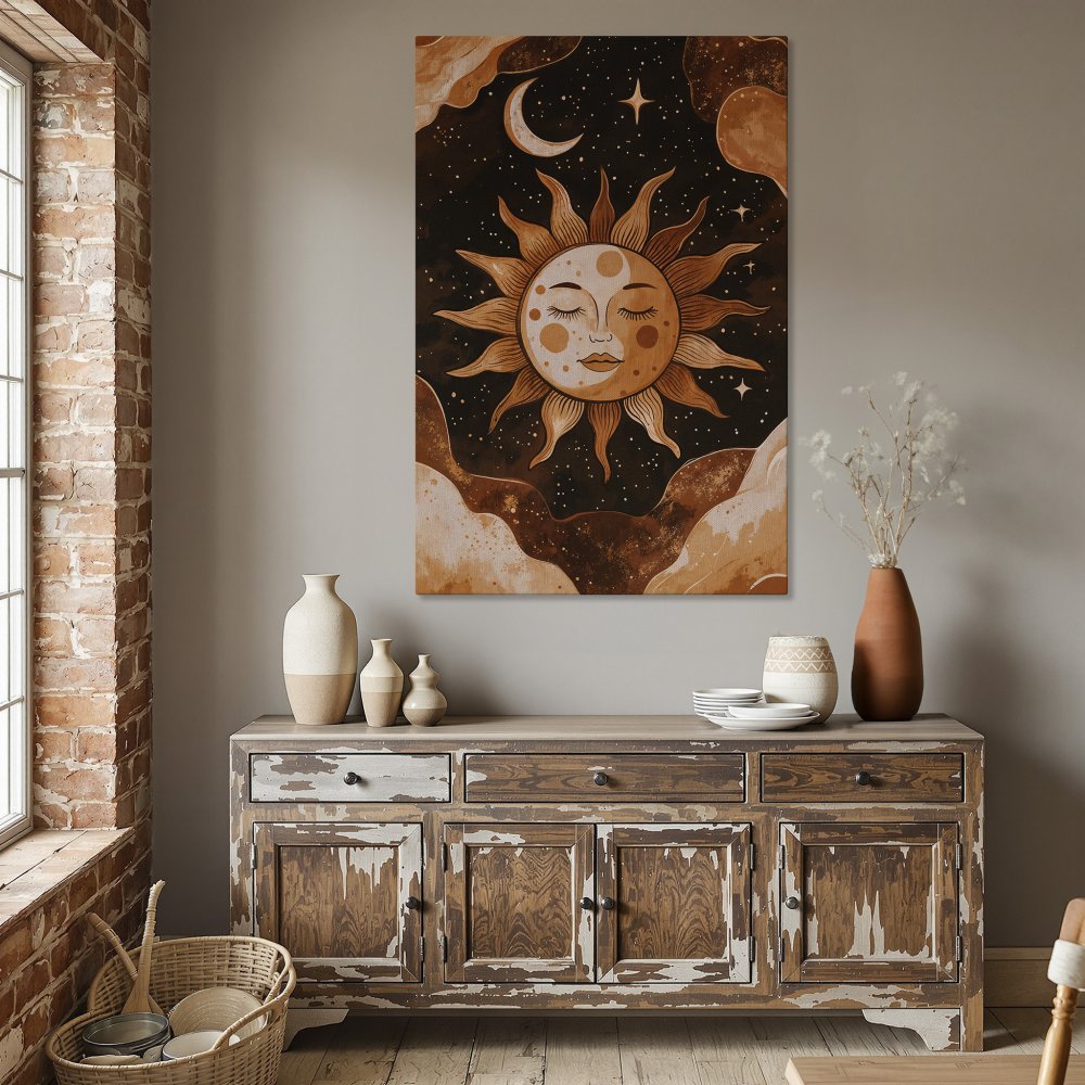 Framed Wall Art: Celestial sun and moon illustration in warm earth tones. Boho style Canvas Print perfect for dining room decor.