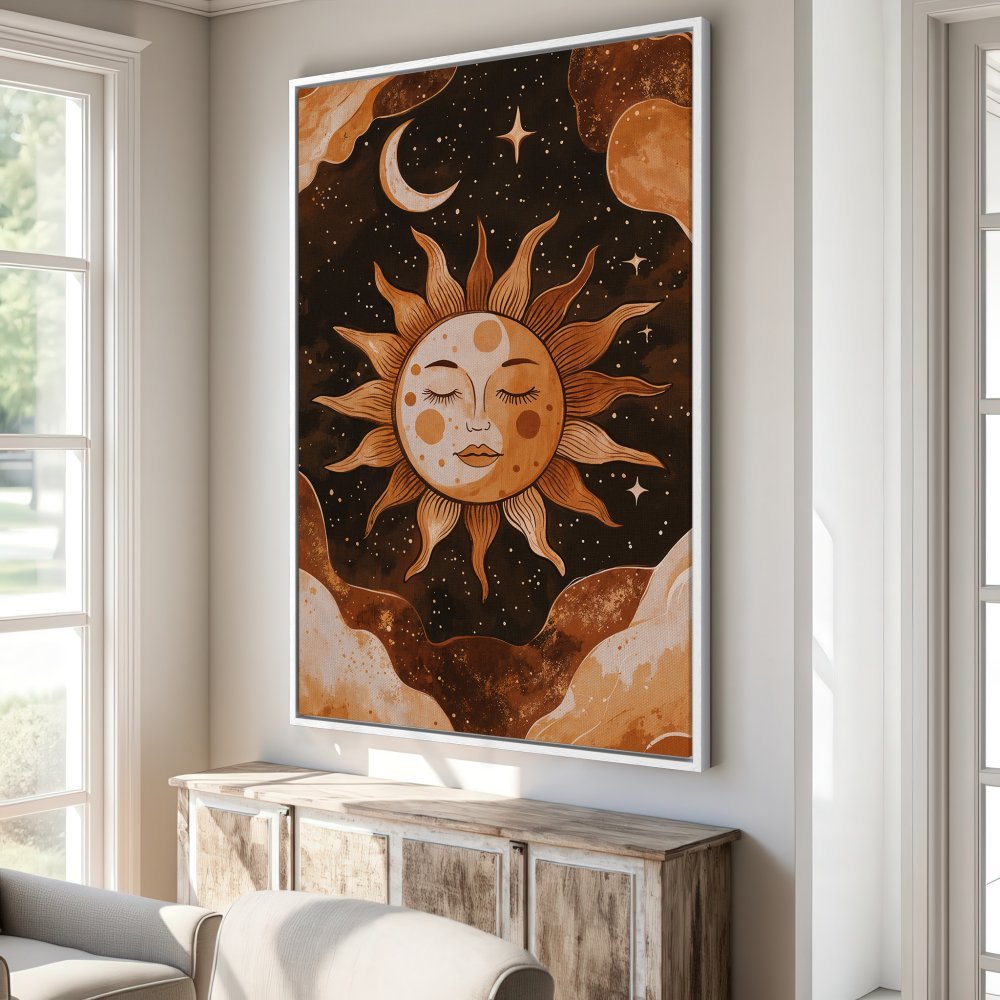 Framed Wall Art: Celestial sun illustration in warm earth tones. Boho style Canvas Print adds a touch of magic to any room. Shop now!