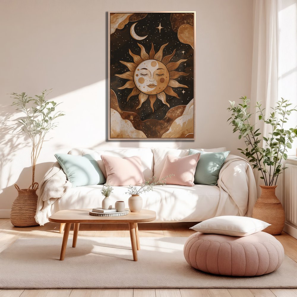 Framed Wall Art: Celestial sun and moon watercolor print in warm brown tones. Boho style canvas art for living room decor.