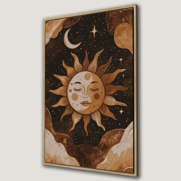 Boho Canvas Print featuring a celestial sun and moon design in warm brown tones, perfect for adding a touch of magic to any space.