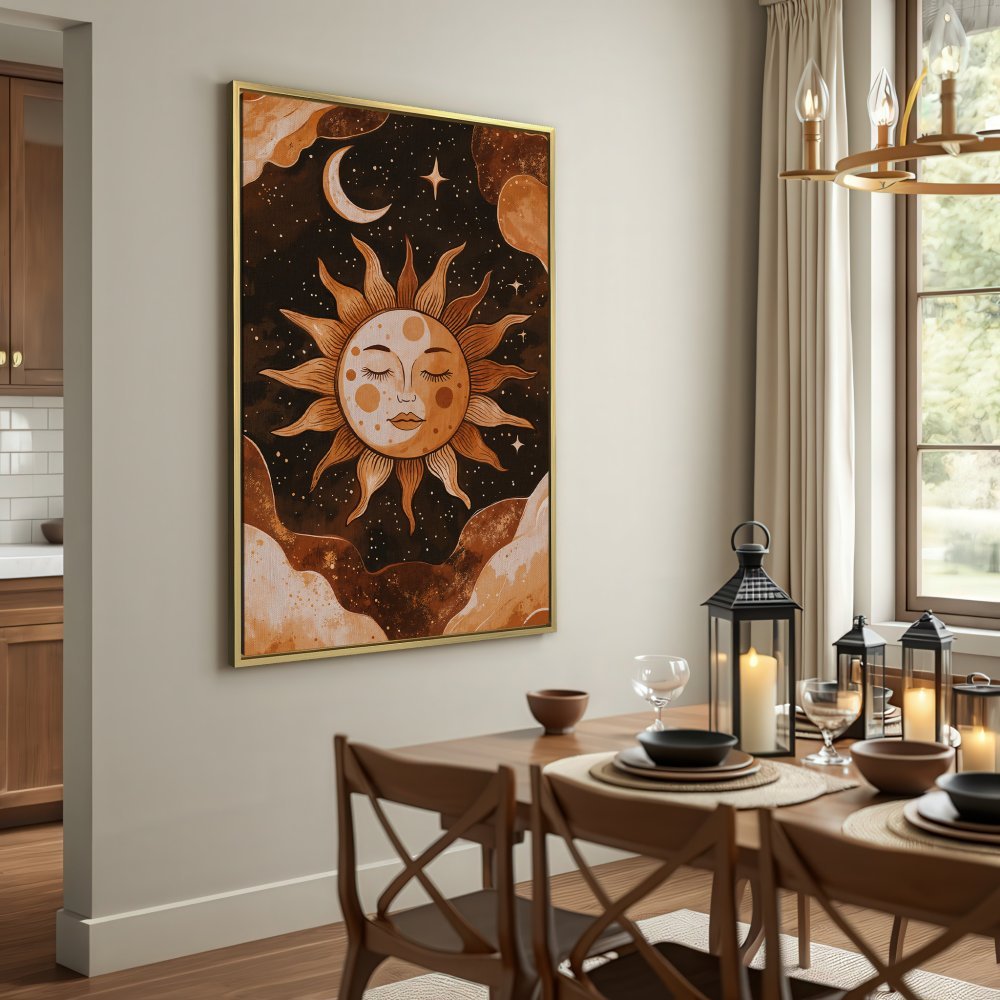 Canvas Print featuring a celestial sun and moon design in warm brown tones, perfect for boho decor.
