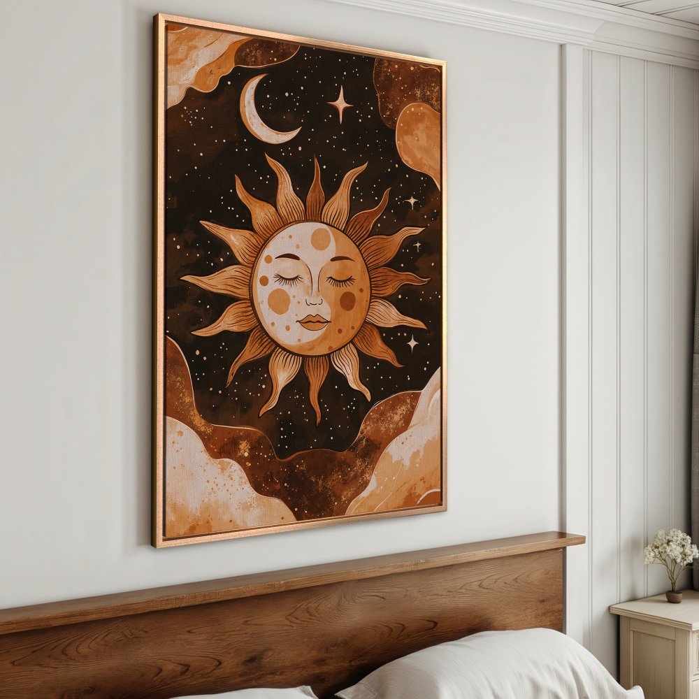 Framed Wall Art: Celestial sun and moon illustration in warm earth tones. Boho style Canvas Print perfect for bedroom decor.