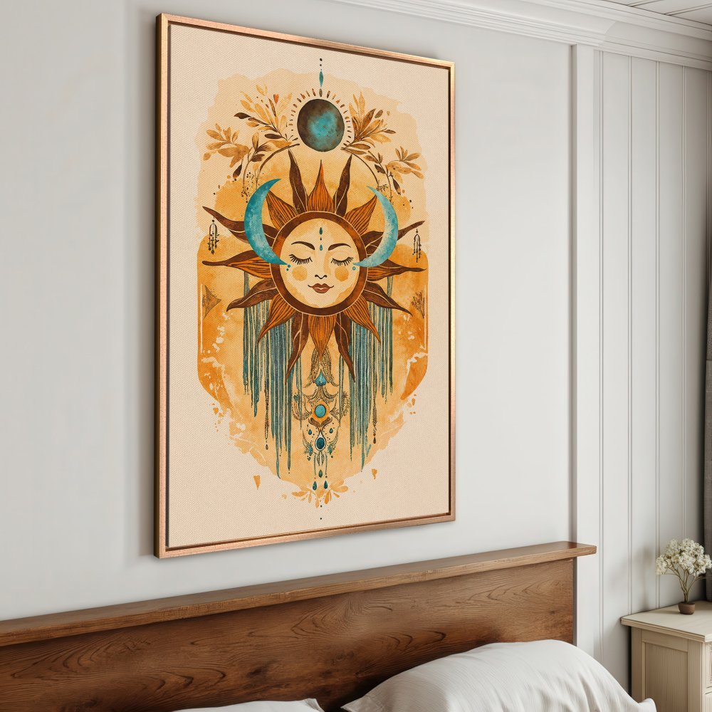 Framed Wall Art featuring a celestial sun design in boho style with a warm, earthy color palette. Perfect for adding a touch of magic to your space!
