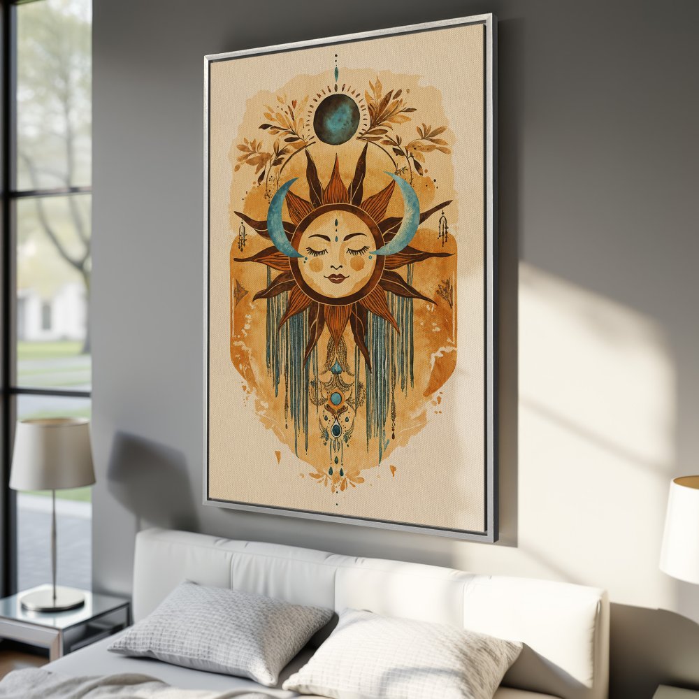 Framed Wall Art: Celestial sun and moon illustration in boho style. Earthy tones with teal accents. Perfect for bedroom decor.