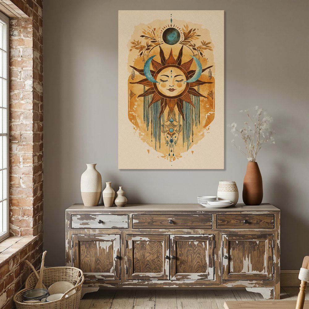 Framed Wall Art: Bohemian sun and moon illustration in warm orange and teal tones. Perfect for adding a touch of mystic charm to your home decor.