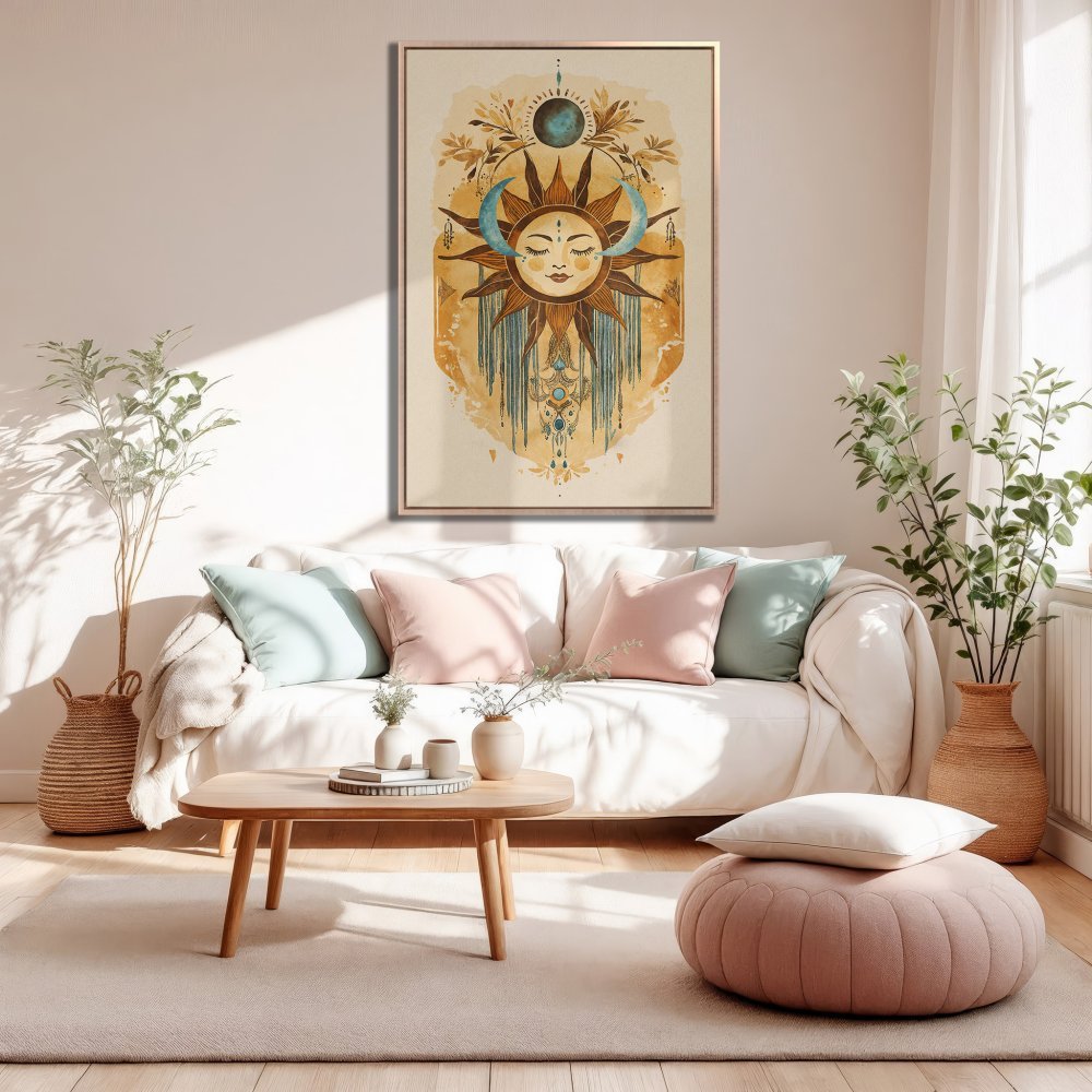 Framed Wall Art featuring a celestial sun design in warm, earthy tones. Perfect for boho home decor.