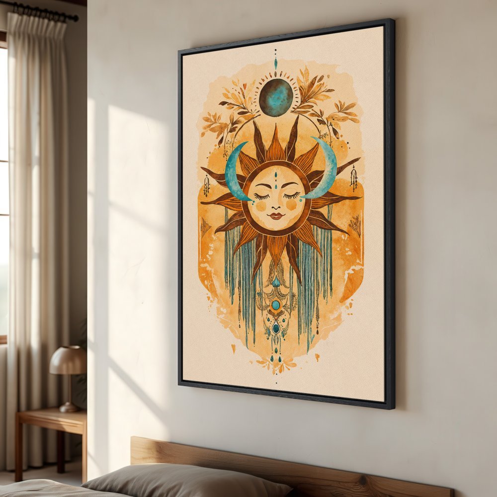 Framed Wall Art: Bohemian sun & moon illustration in warm orange & teal tones. Add a touch of celestial style to your space!