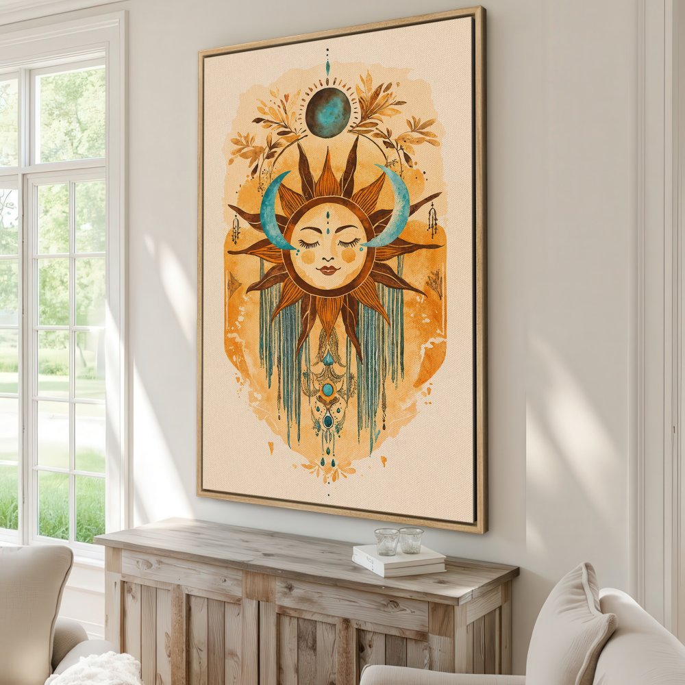 Canvas Print featuring a celestial sun design in warm orange and teal tones. Boho style art perfect for any space.