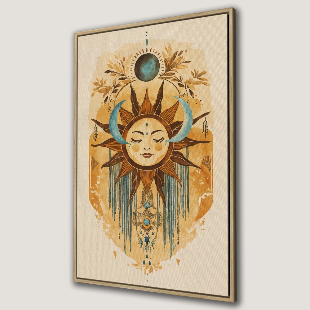 Boho Canvas Print featuring a sun and moon design in warm earth tones. Perfect for adding a touch of celestial style to your home decor.