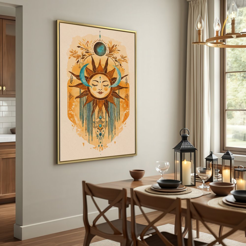 Boho Canvas Print featuring a celestial sun and moon design. Warm earthy tones and watercolor style. Perfect wall art for a cozy space.