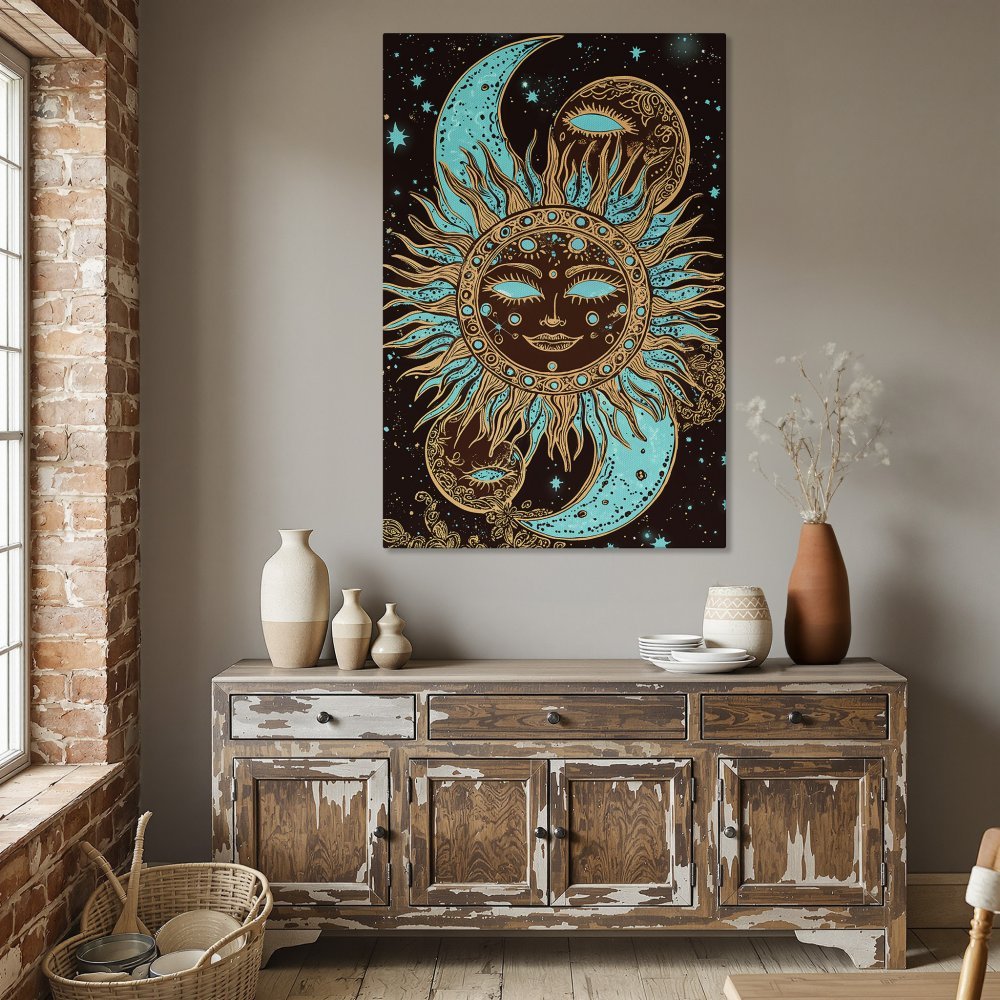 Framed Wall Art: Bohemian sun and moon design in teal and gold. Add celestial style to your dining room with this unique Canvas Print!