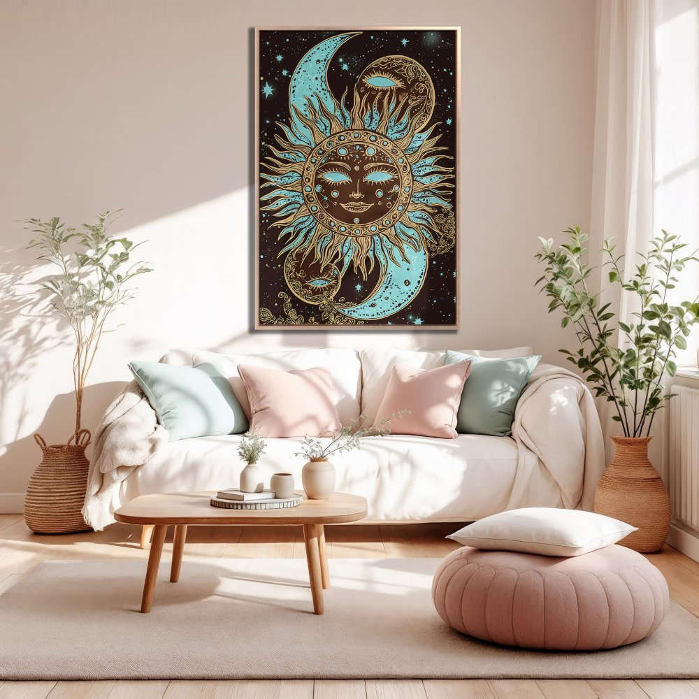 Framed Wall Art Canvas Print featuring a celestial sun and moon design in teal and gold, perfect for boho home decor.