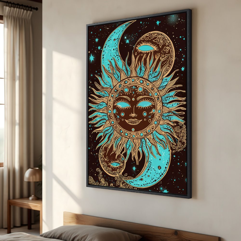 Framed Wall Art: Celestial sun and moon design in teal and gold against a dark brown background. Boho style Canvas Print perfect for bedroom decor.