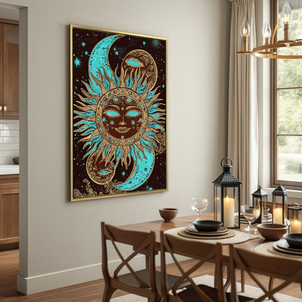 Canvas Print featuring a bohemian sun and moon design in teal and gold. Add celestial vibes to your space!