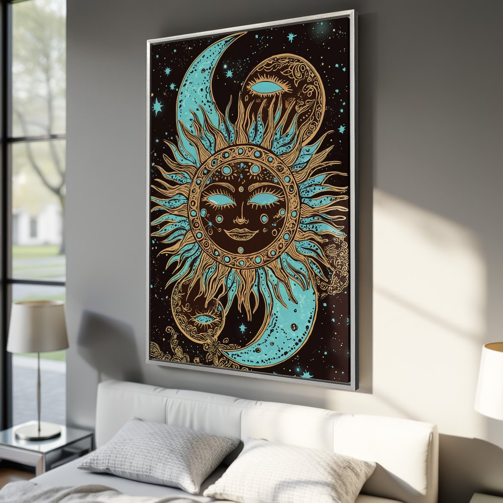 Framed Wall Art: Celestial sun and moon design in teal and gold. Boho style canvas print for bedroom decor.