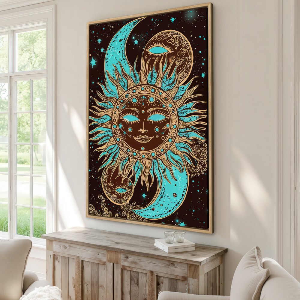 Framed Wall Art: Celestial sun and moon design in turquoise and gold on a dark brown background. Boho style Canvas Print for home decor.