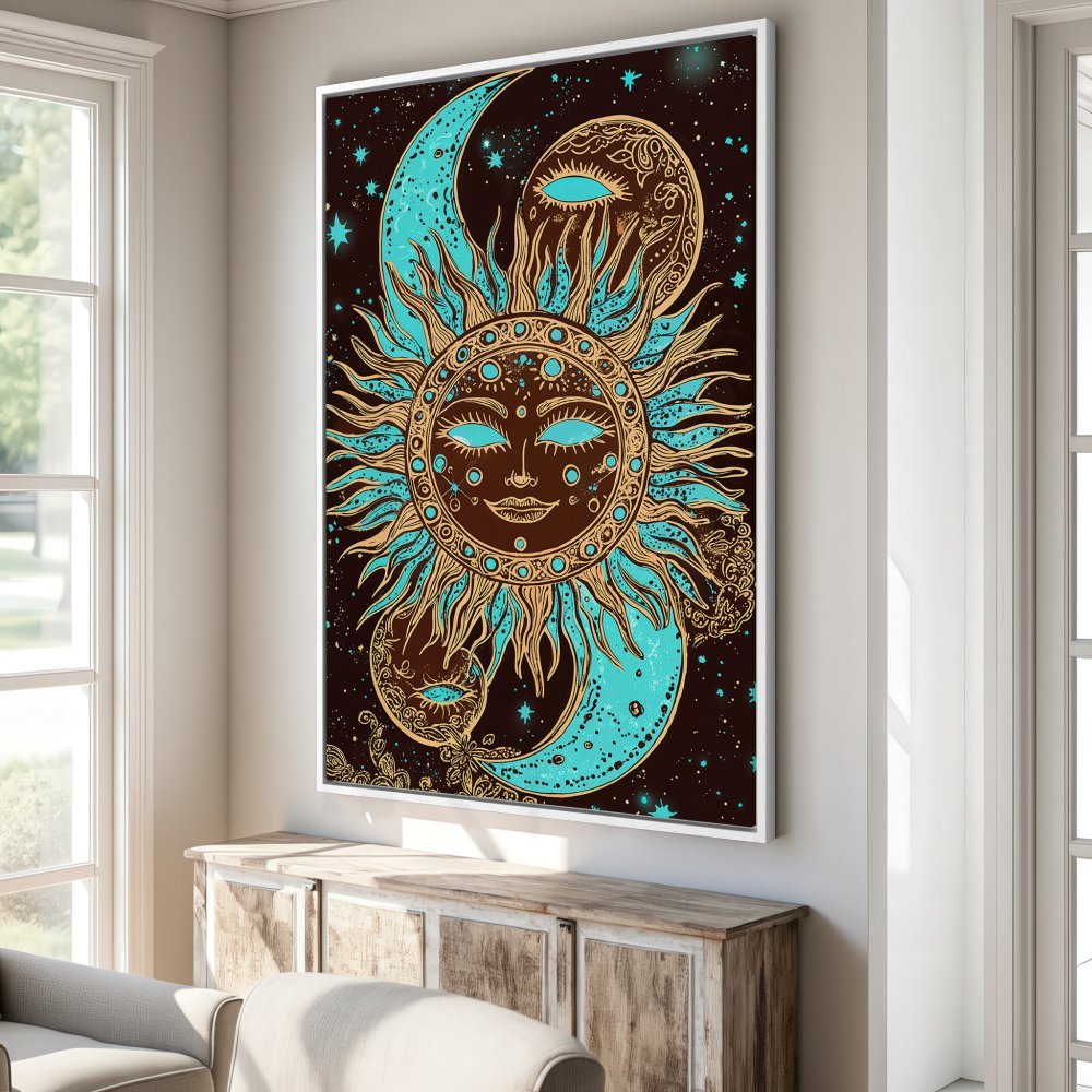 Framed Wall Art: Celestial sun and moon illustration in teal and gold on a dark background. Boho style Canvas Print perfect for your home decor.