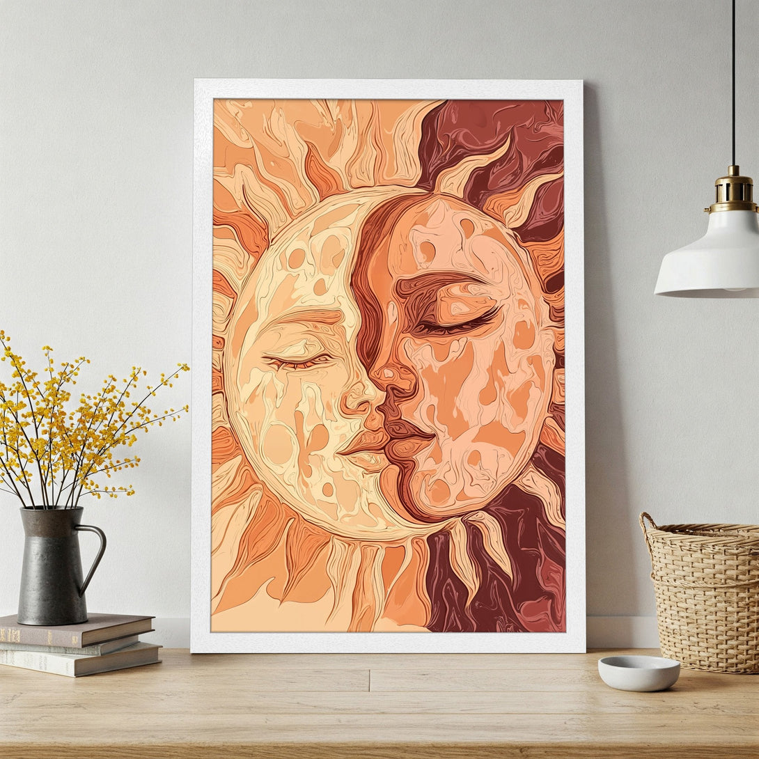 Framed Poster featuring a sun/moon face design in warm orange and brown tones. Perfect wall art for a cozy vibe!