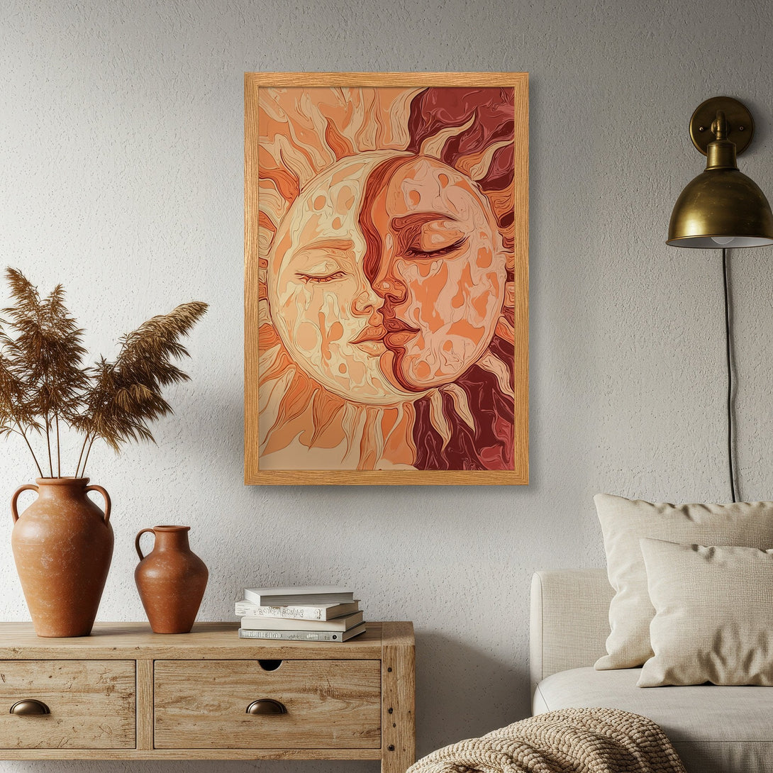 Framed Poster featuring a sun and moon design in warm orange and red tones, perfect for adding bohemian style to your space.