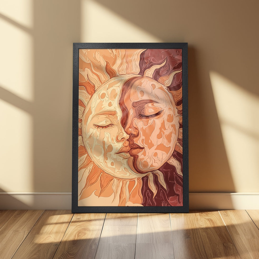 Framed Poster featuring a sun and moon design in warm orange and brown tones. Perfect wall art for a cozy space!
