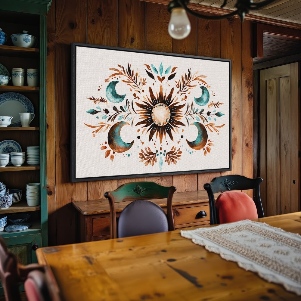 Framed Wall Art: Boho sun and moon design in earthy tones. Perfect for adding a touch of celestial style to your home decor.