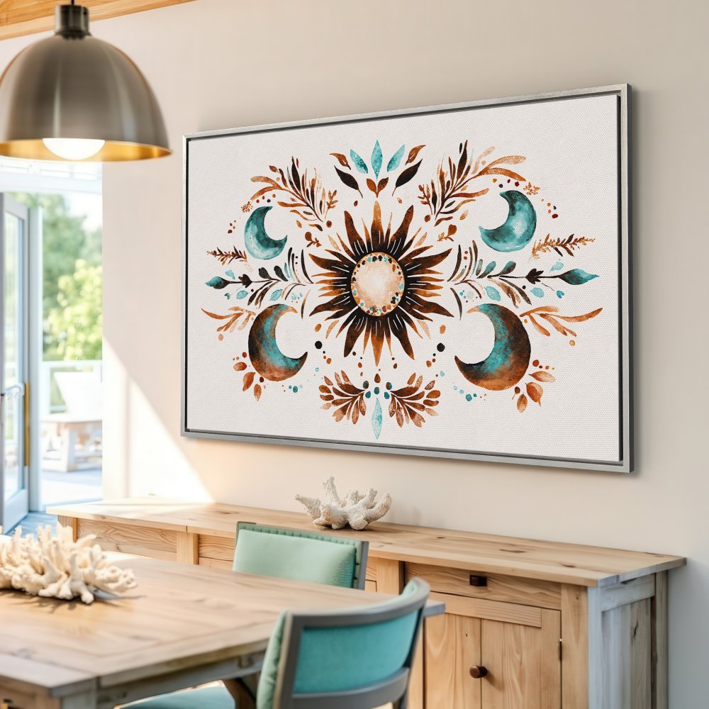 Framed Wall Art: Boho sun and moon watercolor print in teal and brown. Perfect for adding a touch of bohemian style to your home.