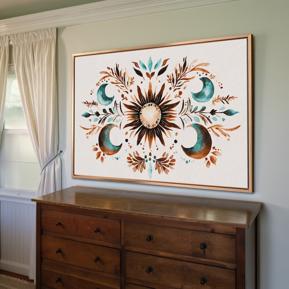 Framed Wall Art: Boho sun and moon watercolor print in teal and brown. Add a touch of celestial style to your home!