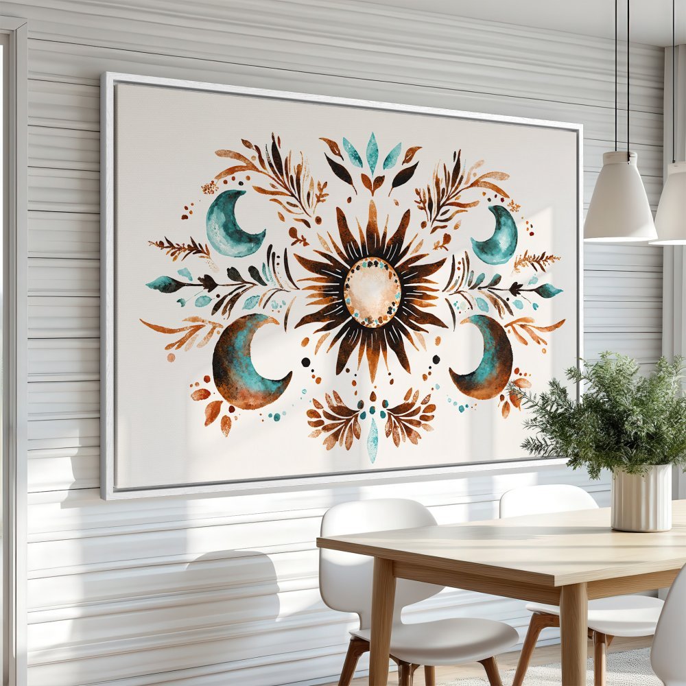 Framed Wall Art featuring a watercolor sun and moon design in earthy tones. Perfect for bohemian home decor!