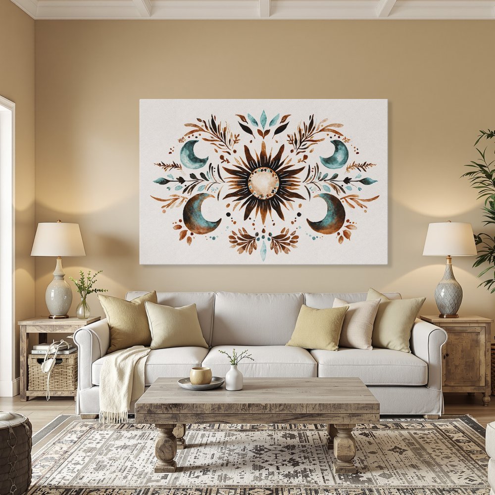 Framed Wall Art: Celestial sun and moon design in watercolor style, featuring a warm brown and teal color palette. Perfect for boho decor!