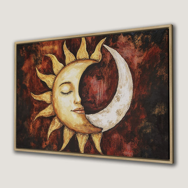 Framed Wall Art: Sun and Moon Canvas Print in warm tones. Celestial art with a rustic style and a rich, earthy color palette. Perfect for any space!