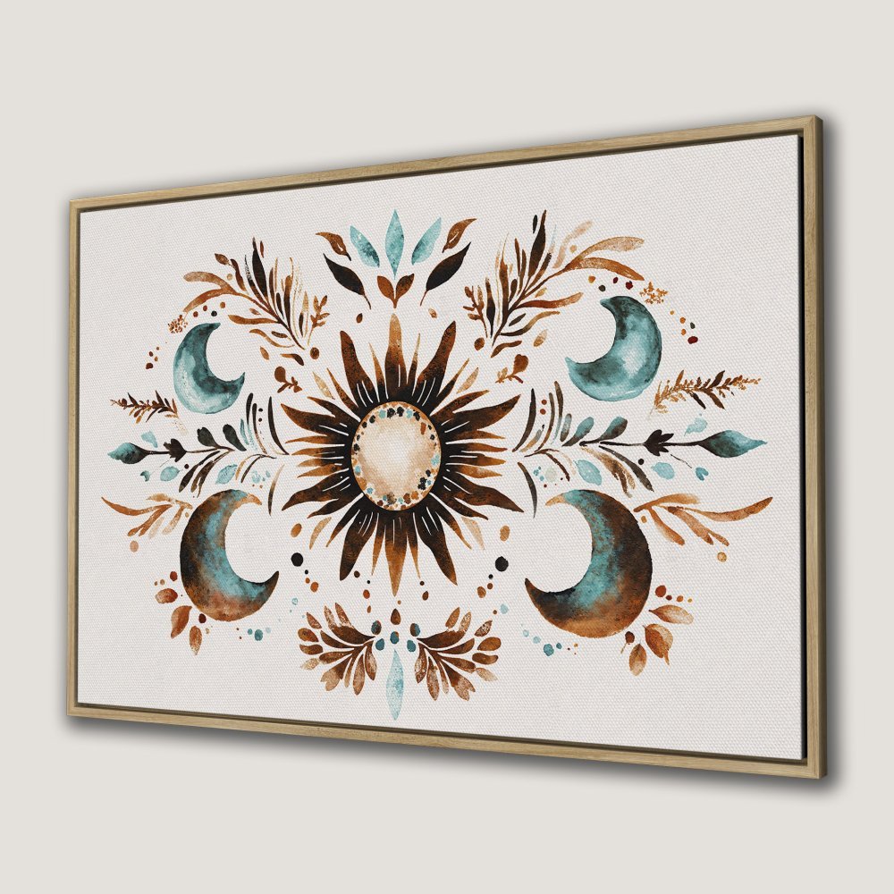 Canvas Print featuring a watercolor sun, moons, and foliage in a bohemian style with earthy brown and teal tones. Perfect wall art!
