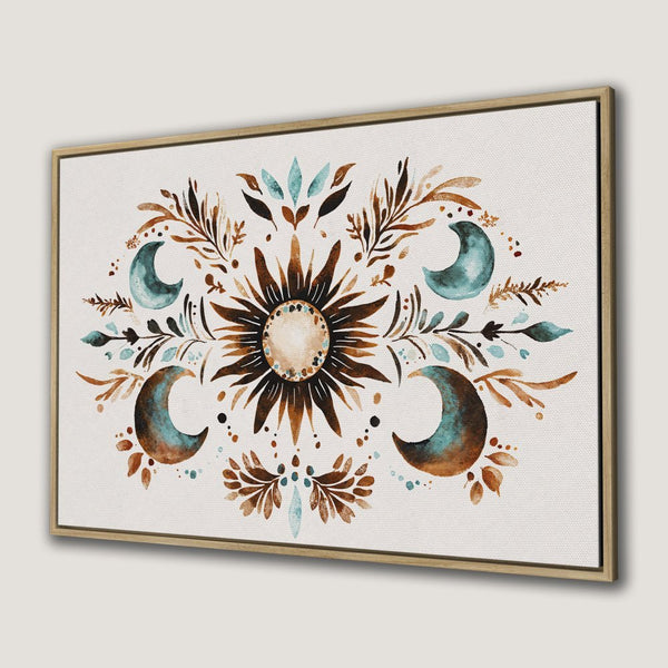 Canvas Print featuring a watercolor sun, moons, and foliage in a bohemian style with earthy brown and teal tones. Perfect wall art!