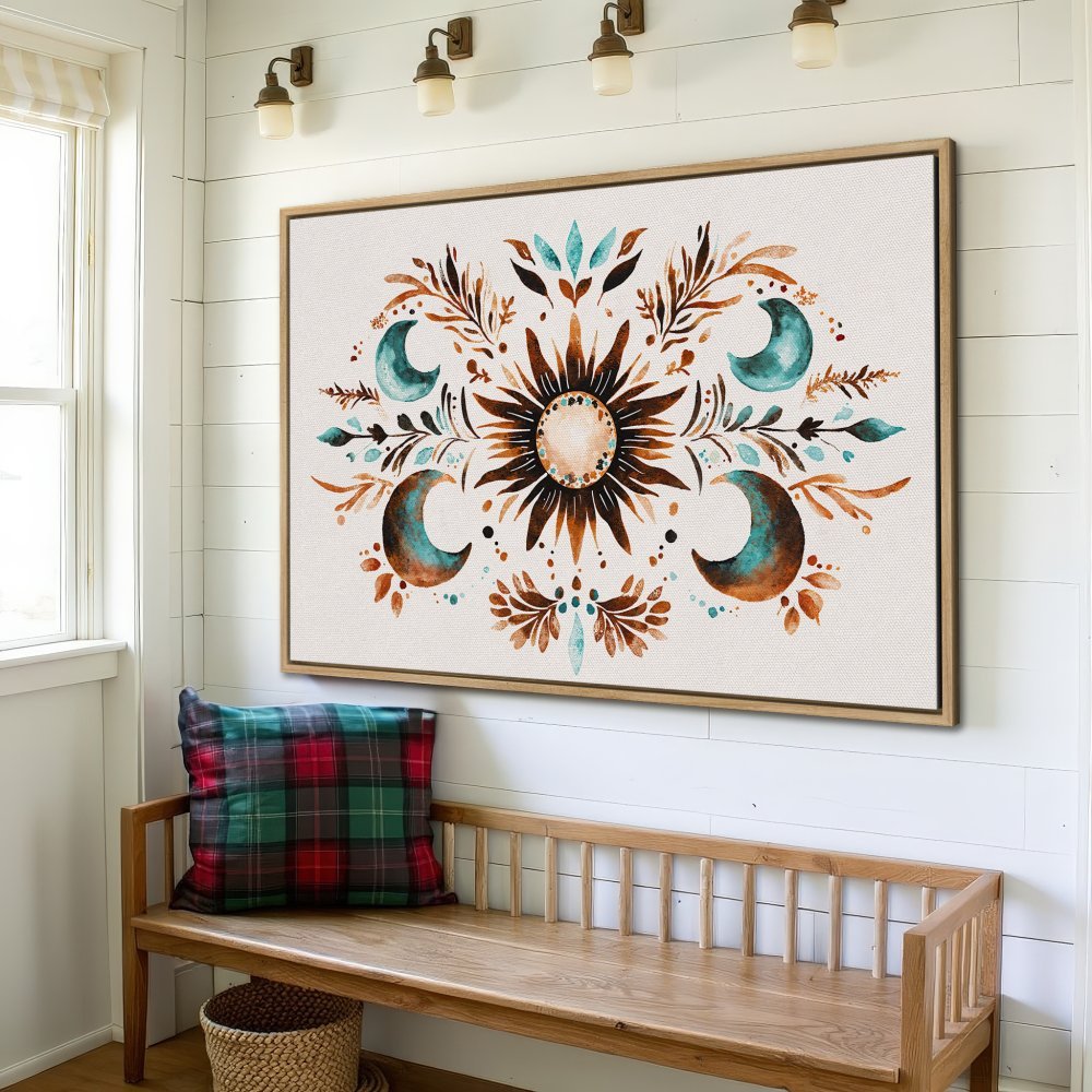 Framed Wall Art: Boho sun and moon design in teal, brown, and cream. Perfect for adding a touch of celestial style to your home decor.