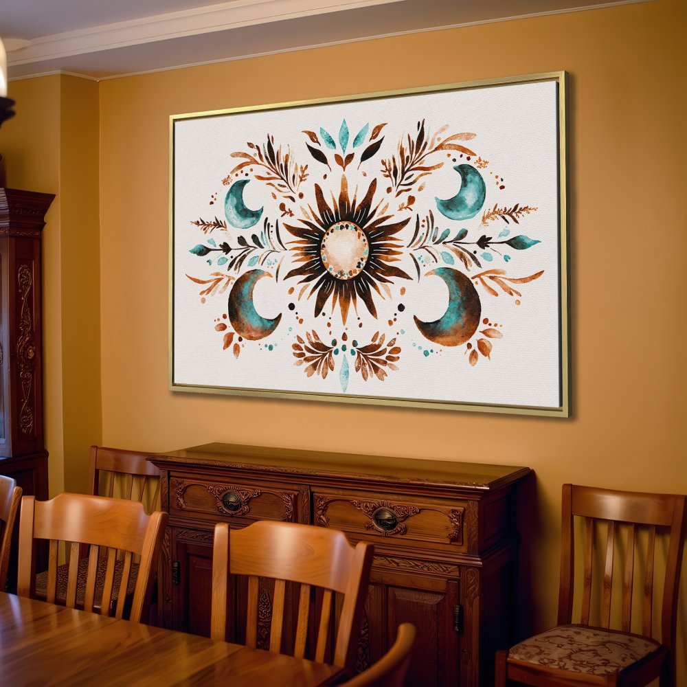 Canvas Print featuring a celestial sun and moon design in watercolor style, with a warm brown and teal color palette. Perfect wall art!