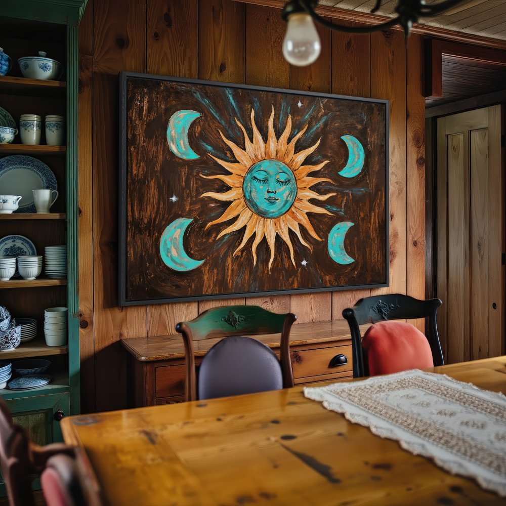 Framed Wall Art: Celestial sun and moon painting in teal, orange, and brown. Rustic style canvas print adds a bohemian touch to any room.
